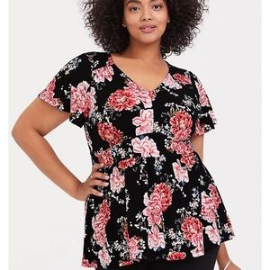 Torrid Black Floral Studio Knit Babydoll Top- 3X